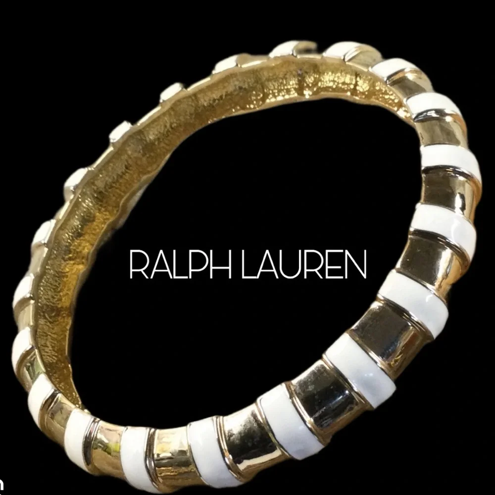 RLL LAUREN RALPH LAUREN Off-White Enamel Gold Tone Striped Bengal Bracelet